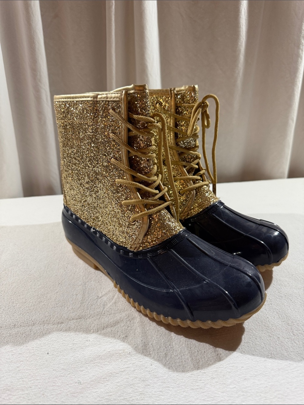 Gold Glitter Lace-Up Duck Boots for Women